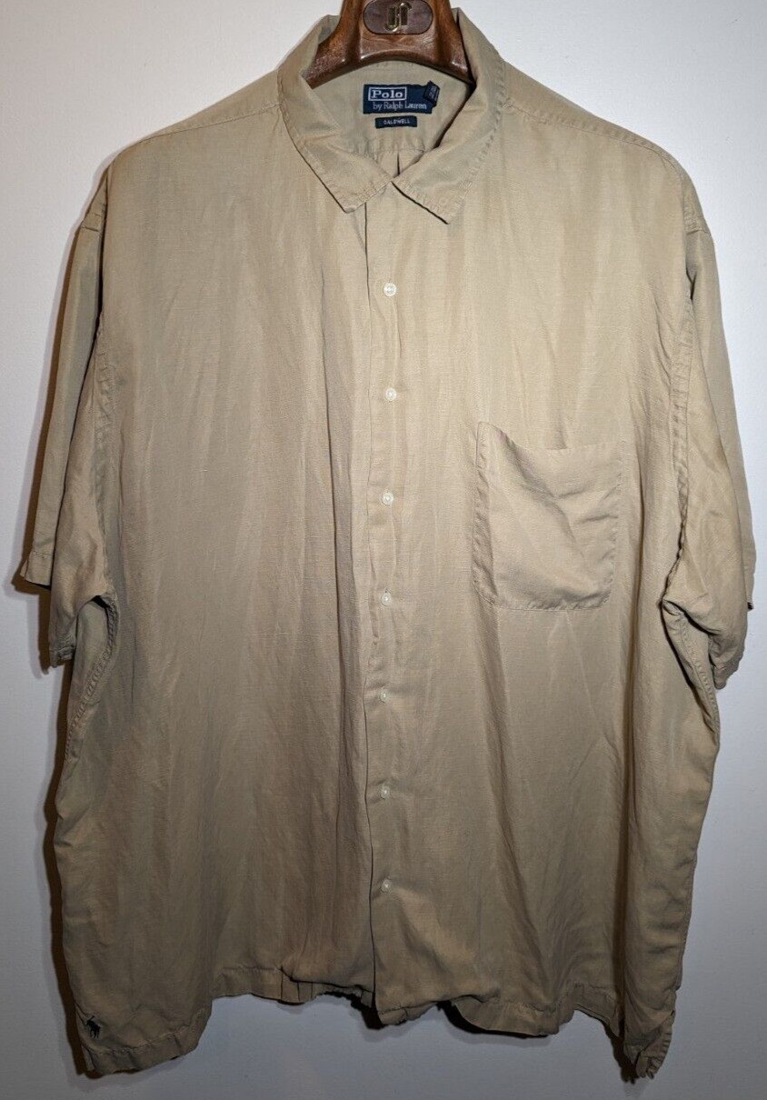 Vintage Polo by Ralph Lauren Caldwell Silk Linen Blend Khaki Camp Shirt Men\'s 3X
