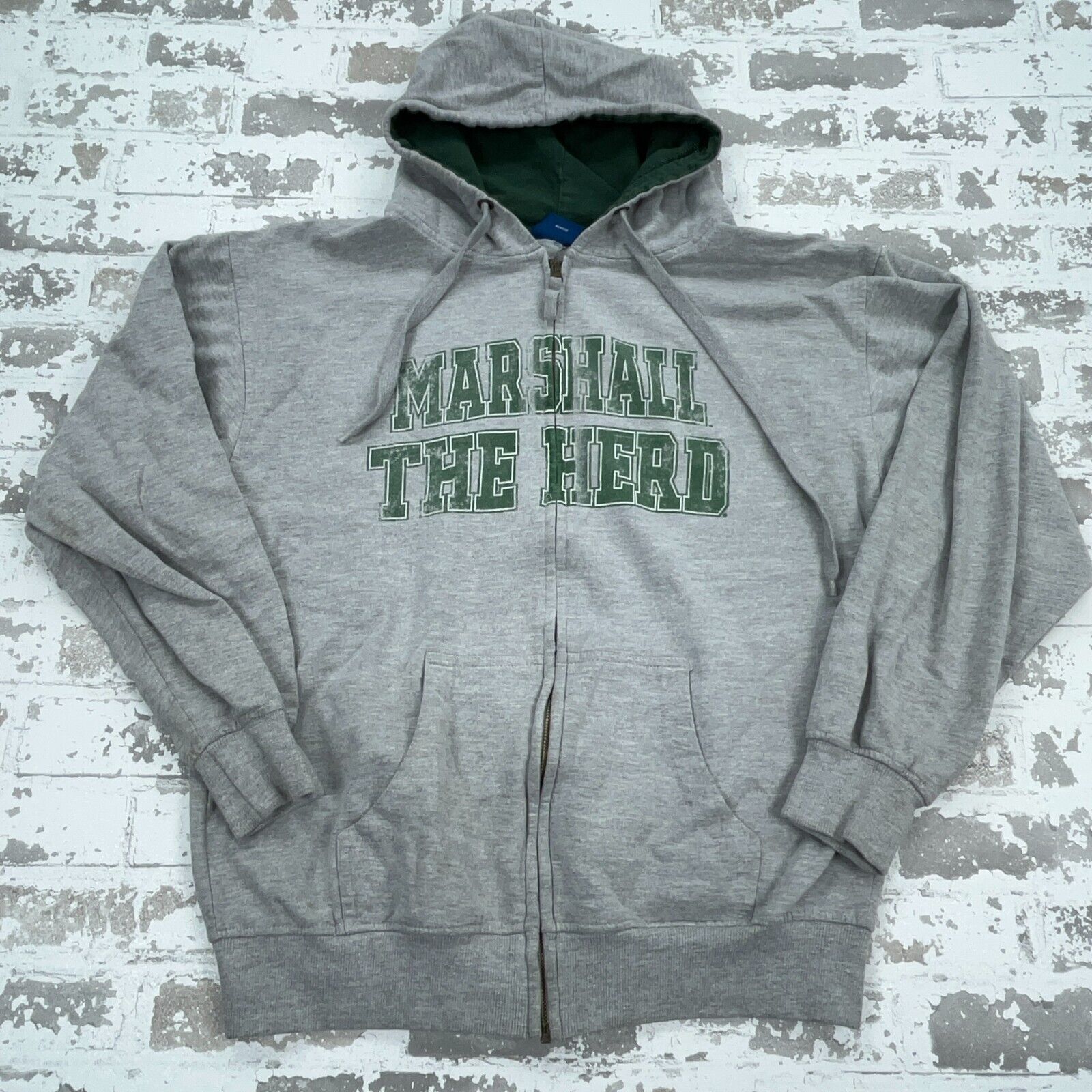 Vintage Marshall Thundering Herd Hoodie Men Large Gray Green Sweatshirt Jacket *