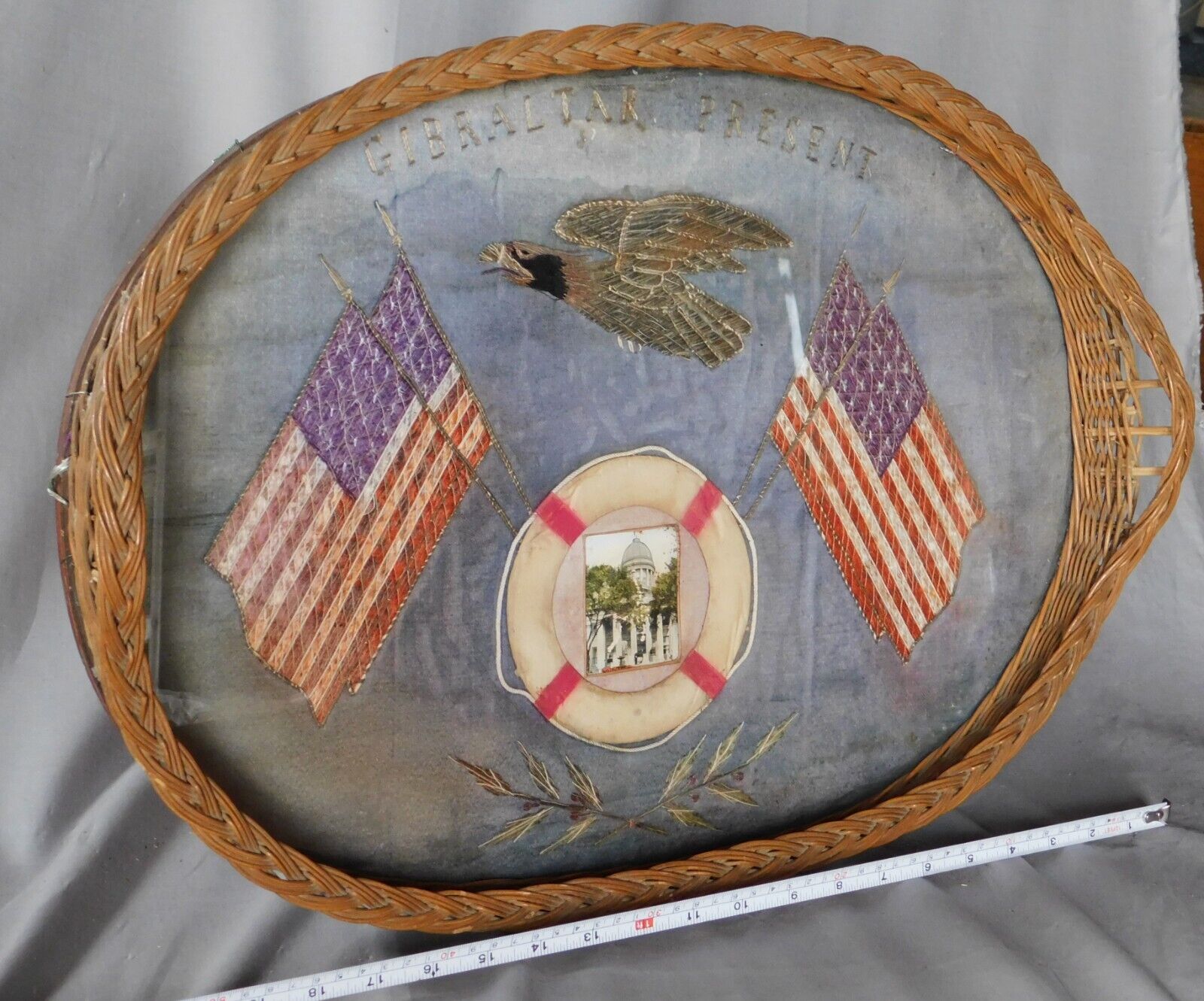 Antique maritime folk art gibraltar sailor woolie tray American flag eagle 1800S