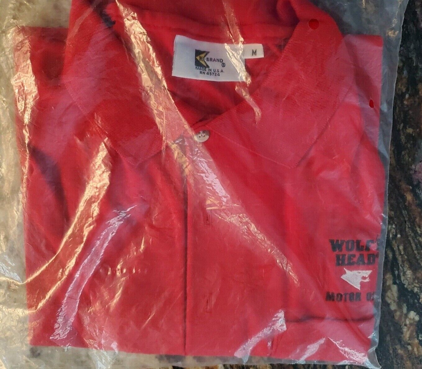 Rare Dealer Sales promo WOLF\'S HEAD OIL Sign Golf Shirt 1960s 1970s NOS Red Med