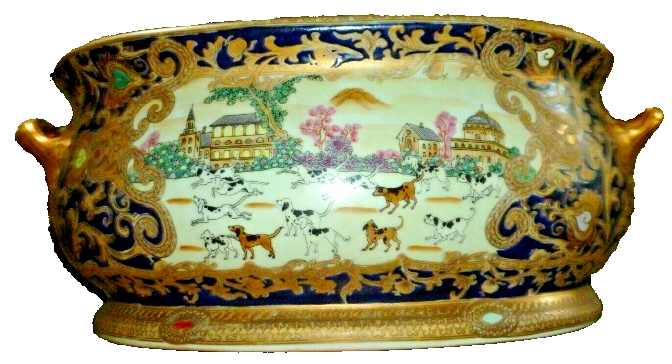 Vintage Chinese Foot Bath Hand painted Hunting Scene RARE HEAVY GOLD GILDED