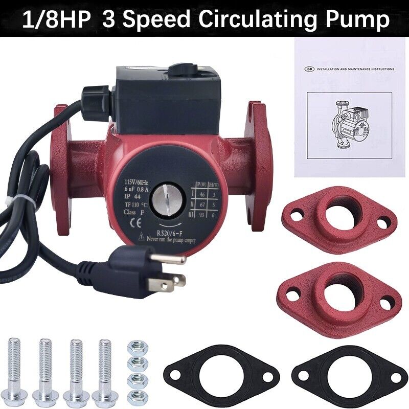 1/8HP 3 Speed Circulating Pump Use w/Outdoor Furnaces,Hot water heat,Solar,115V