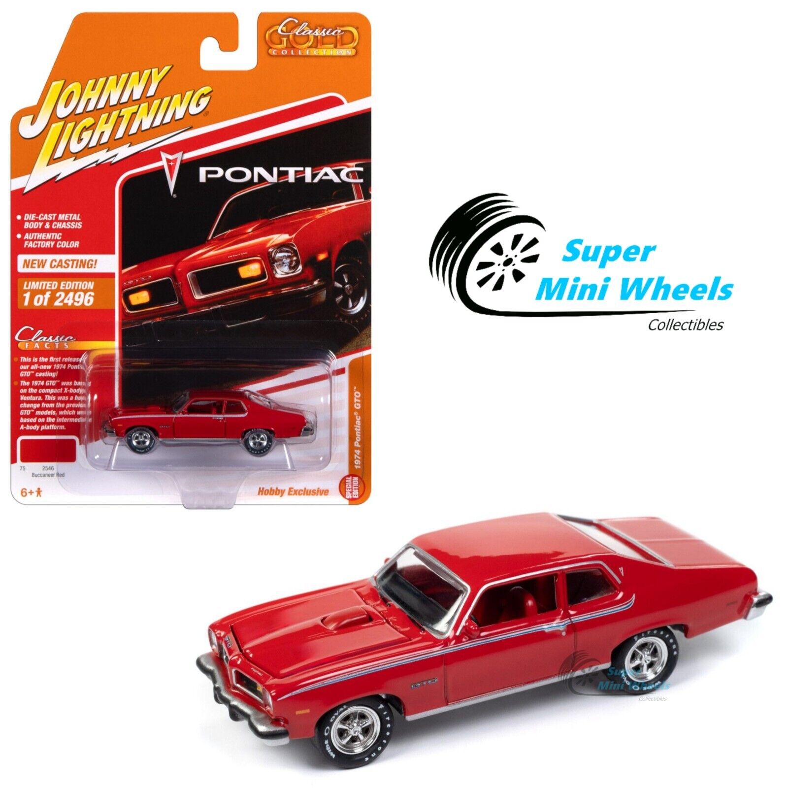 Johnny Lightning 1:64 1974 Pontiac GTO – Red – Classic Gold