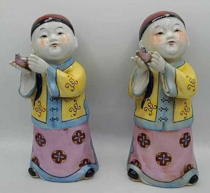 Vtg Set of 2 Chinese Hand Painted Porcelain Figurines Boy Holding A Bird ~10.25”