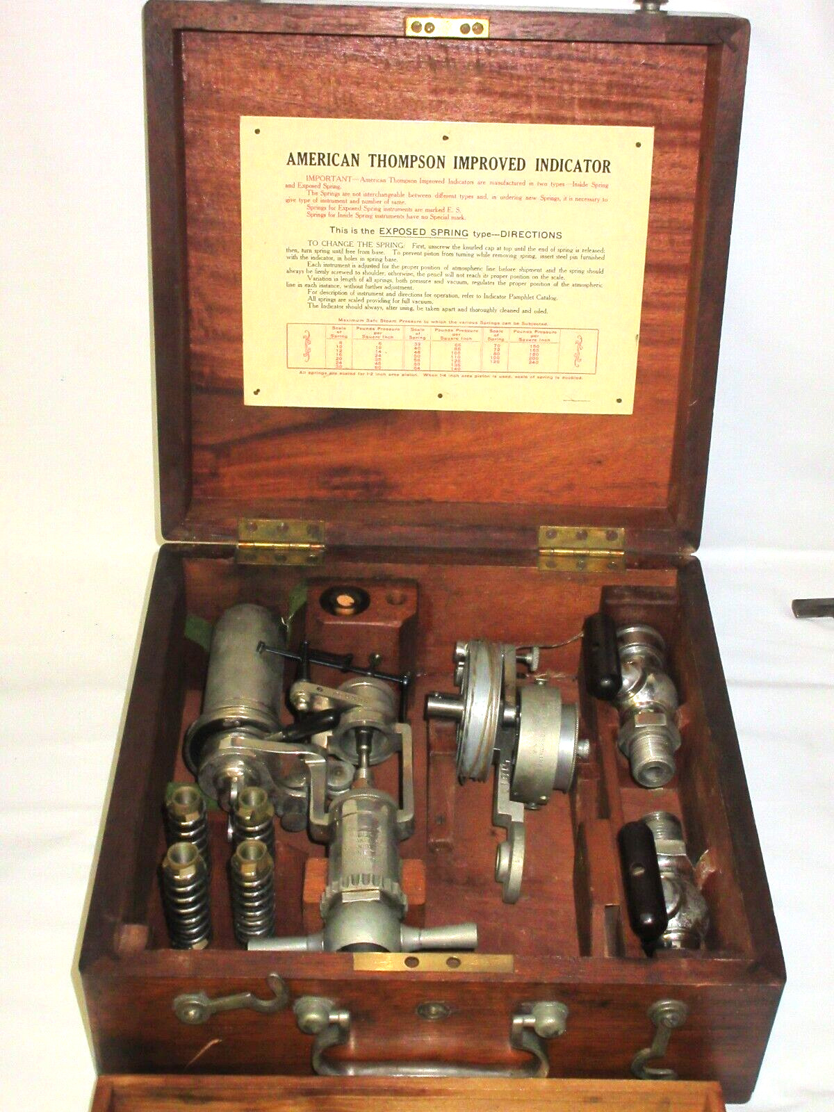 1904 ANTIQUE THOMPSON AMERICAN STEAM GAUGE CO ENGINE INDICATOR WOOD BOX W/KEYS.