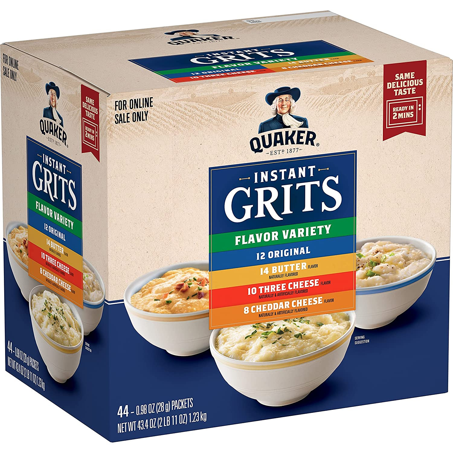 New Instant Grits, 4 Flavor Variety Pack, 0.98Oz Packets,44 Count (Pack of 1)