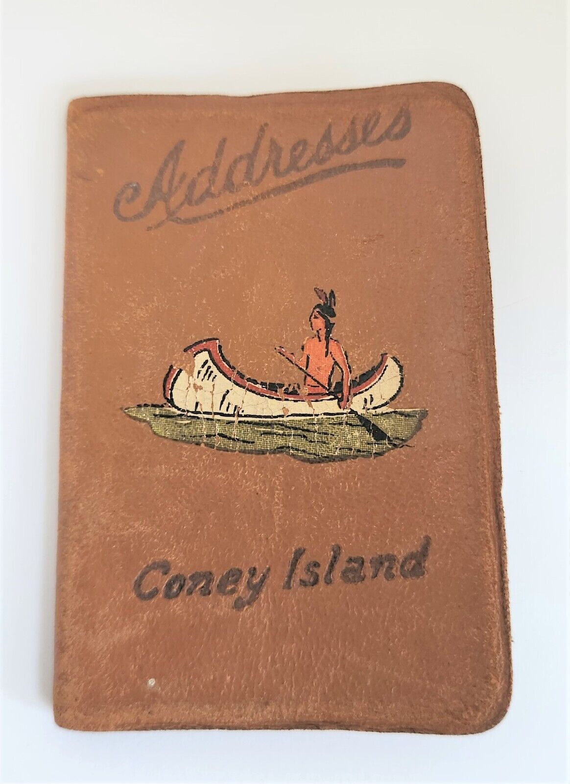 WWII Era Coney Island Indian Canoe Design Leather Address Book Calendar 1943-44