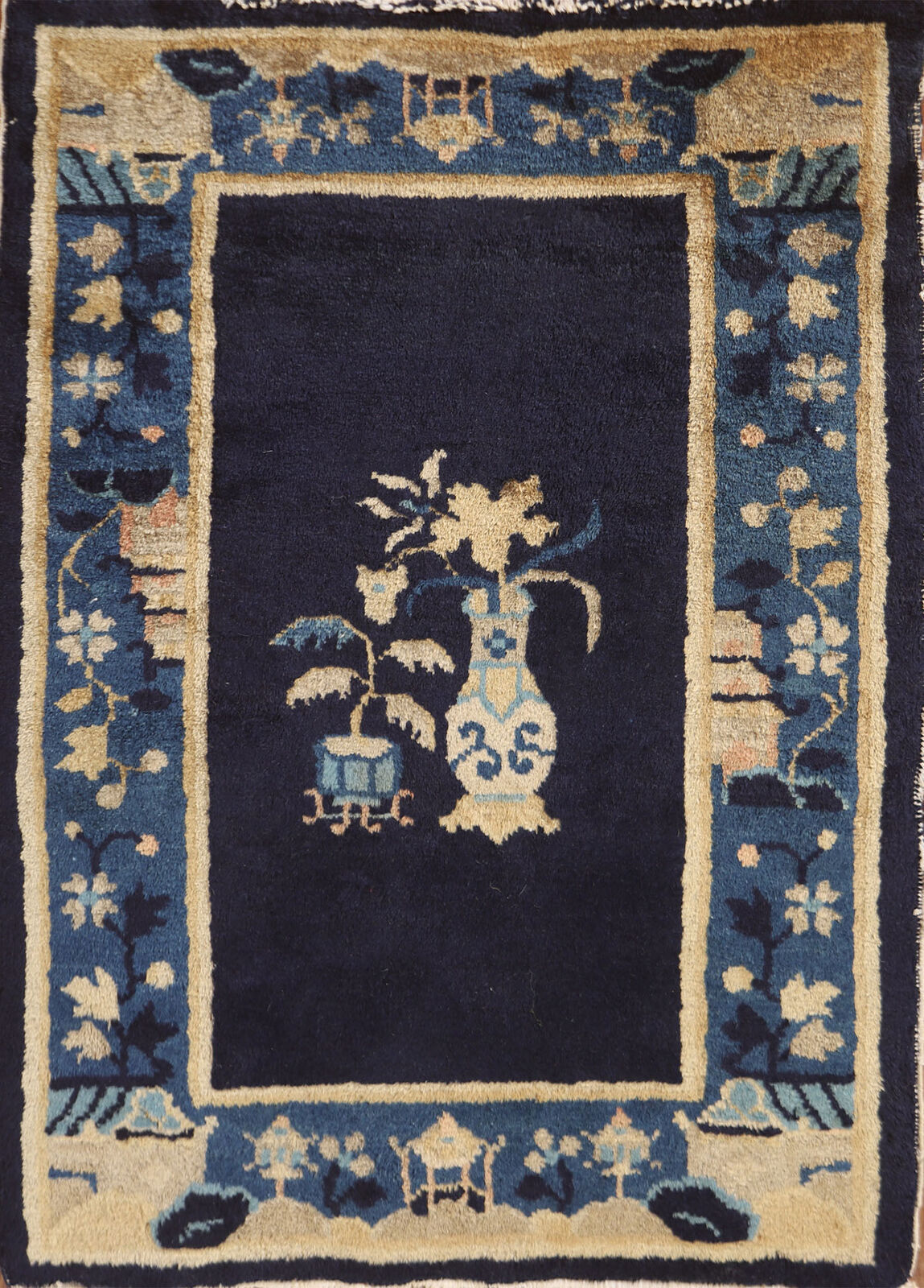 Navy Blue Art Deco Chinese Accent Rug 2x3 Wool Hand-knotted Foyer Carpet