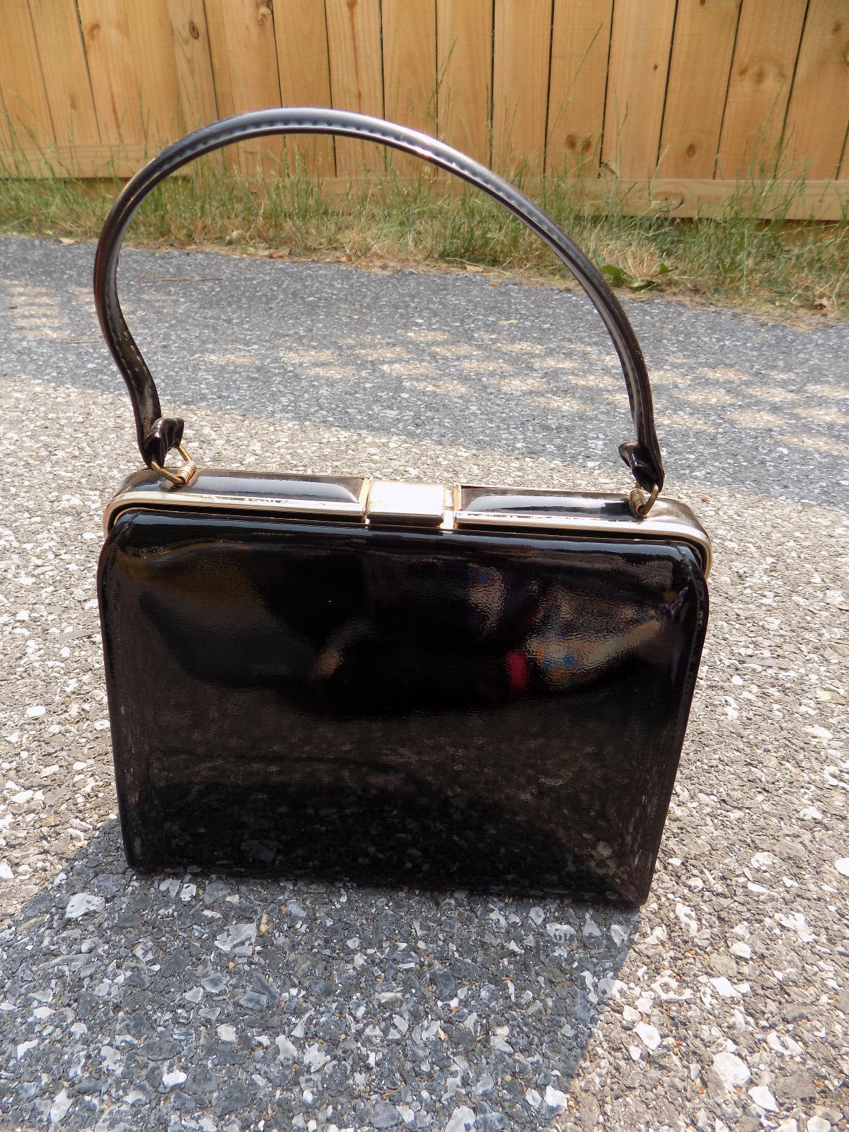 Vtg FABULOUS Framed 50s 60s JR USA Black Patent Leather Handbag Mod Classy Nice
