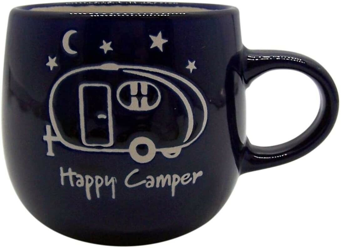 Navy Blue Hand Glazed Coffee Mug with Line Art Happy Camper, 12.5 Ounces