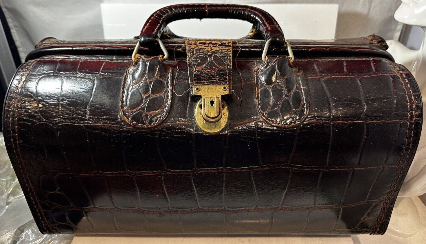 Vintage 50s Upjohn Doctors Bag Case Genuine Brown Cowhide Leather Travel Bag Key