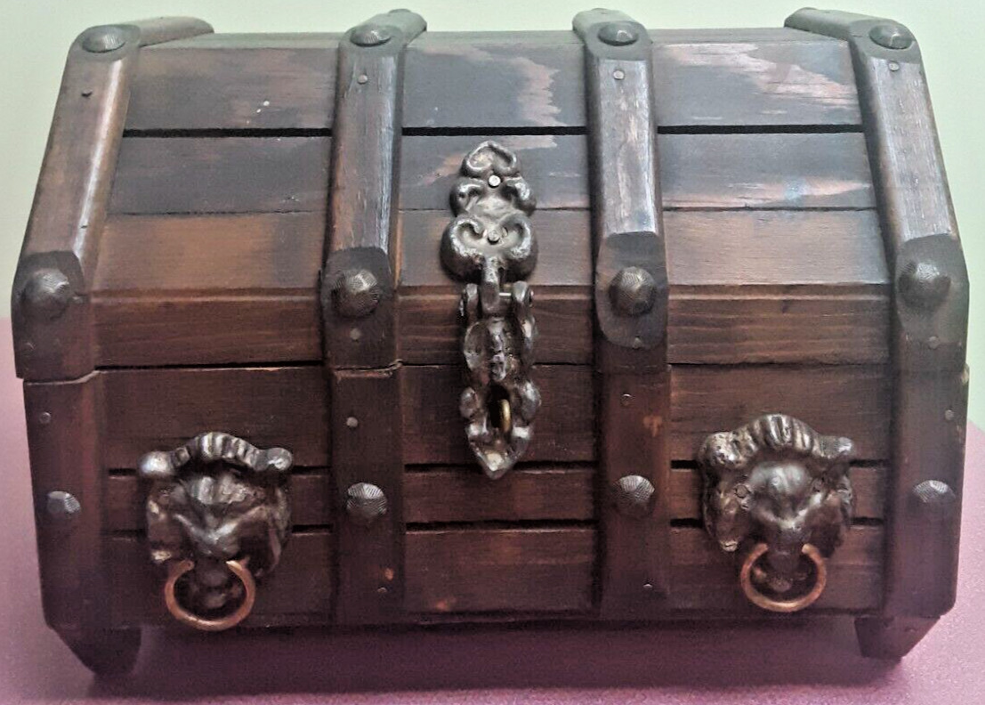 VINTAGE Dark Wood Treasure Chest Jewelry Box / Trinket Case Red Velvet Interior