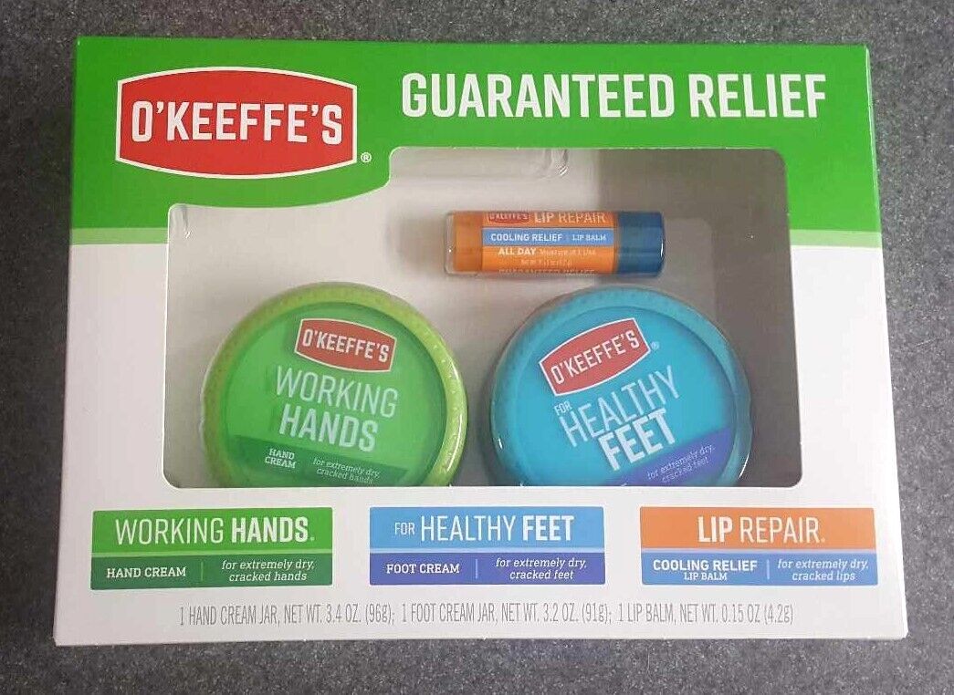 NEW O\'Keefe’s Working Hands 3.4 oz Healthy Feet 3.2 oz Lip Repair Balm Gift Set