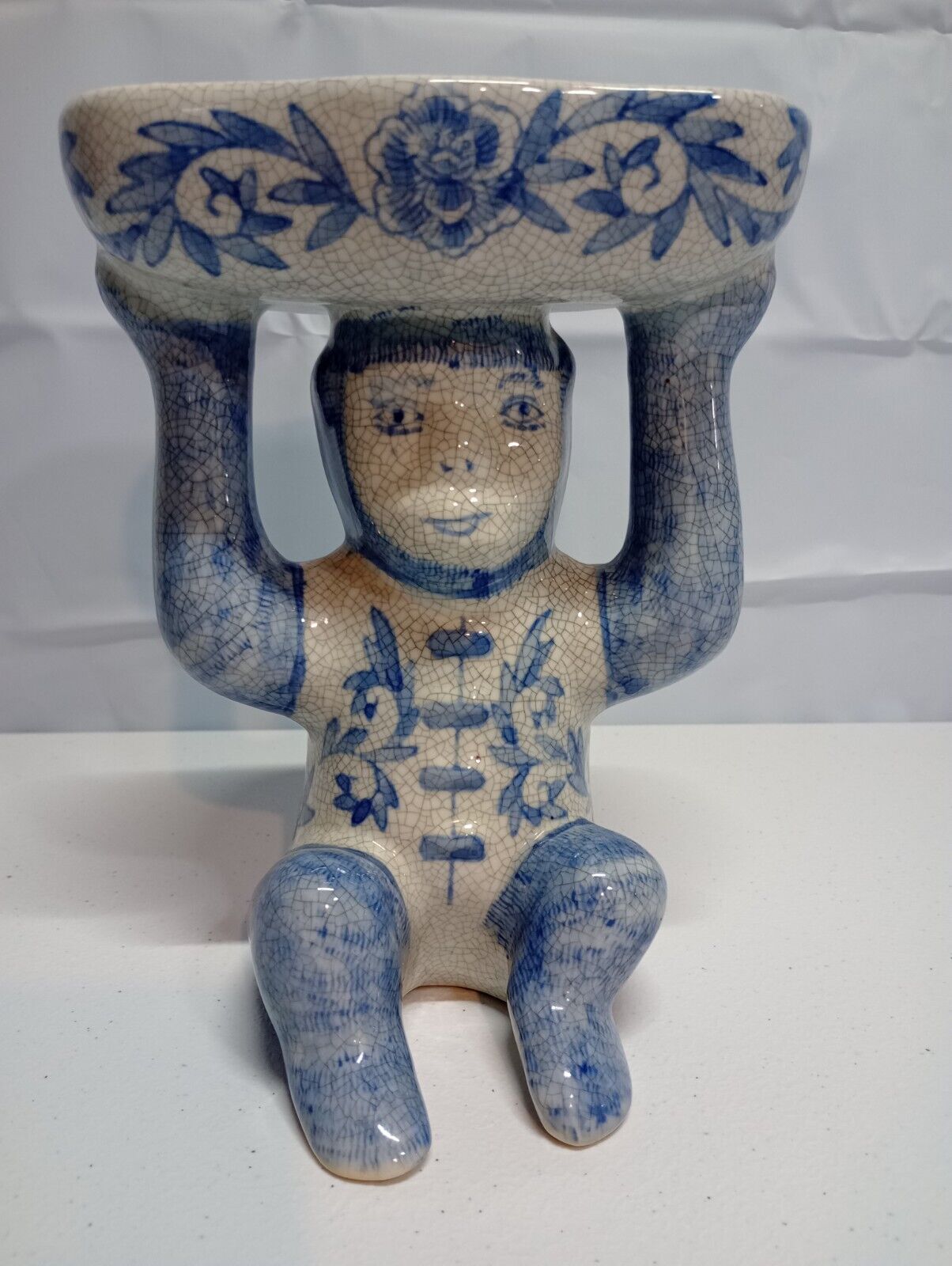 Chinoiserie Vintage Sitting Monkey Holding Bowl Blue & White , Candy, Soap, Etc.