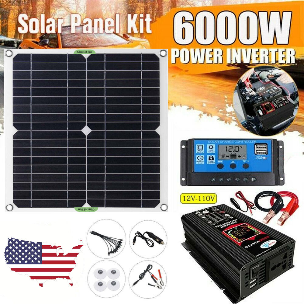 6000W Complete Solar Panel Kit Solar Power Generator 100A Home 110V Grid System