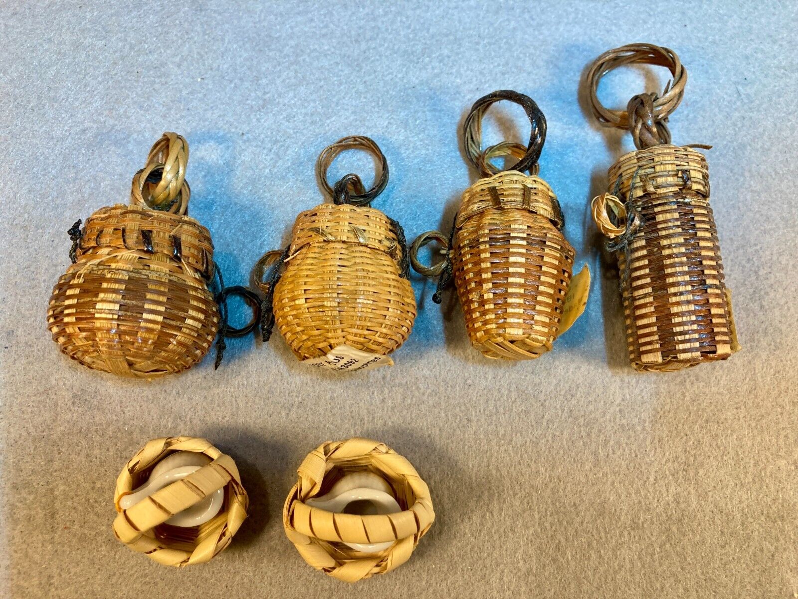 Vintage Dollhouse Miniature lot of 6 woven baskets & 2 glass pitchers