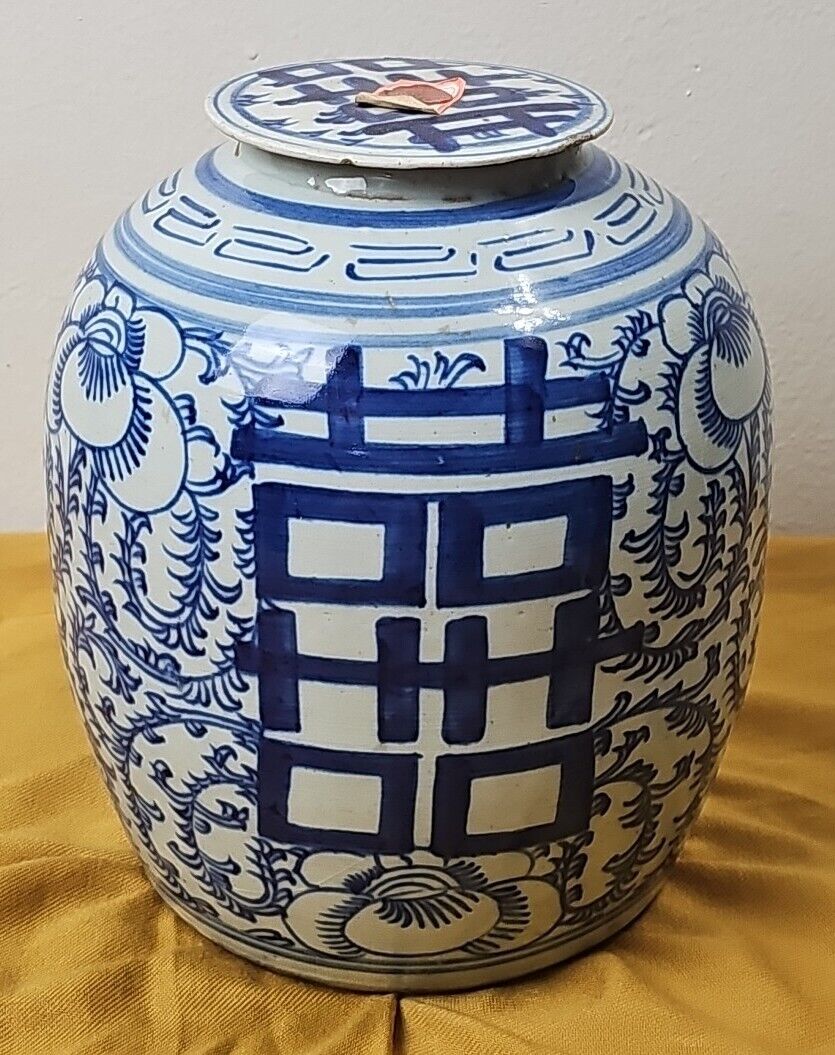 Antique Chinese Qing Dynasty Blue & White Porcelain Ginger Jar with Double...