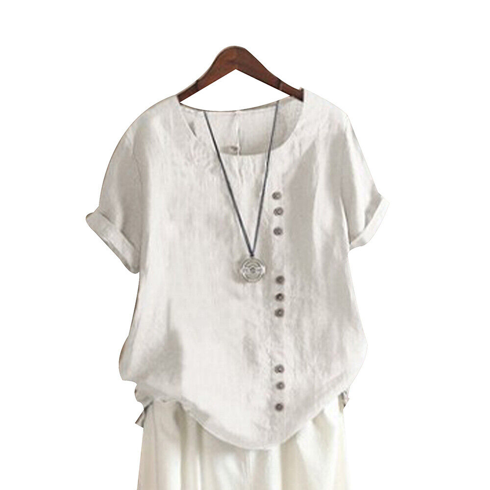 Women Short Sleeve Solid Tops Summer Cotton Linen Casual Shirt Loose Blouse Tees