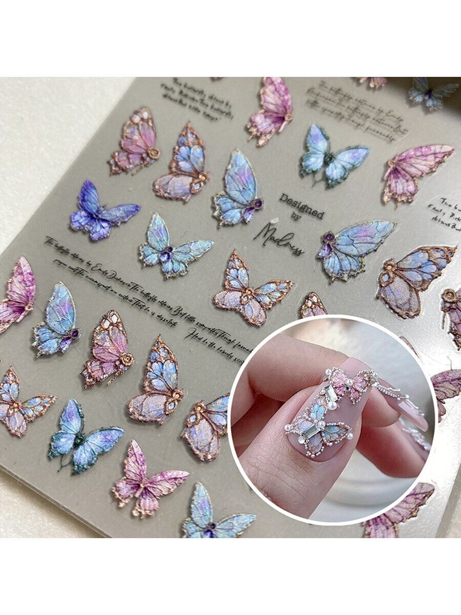 1pc Butterfly Nail Art Stickers With Embossed Lenticular & Flower Design,