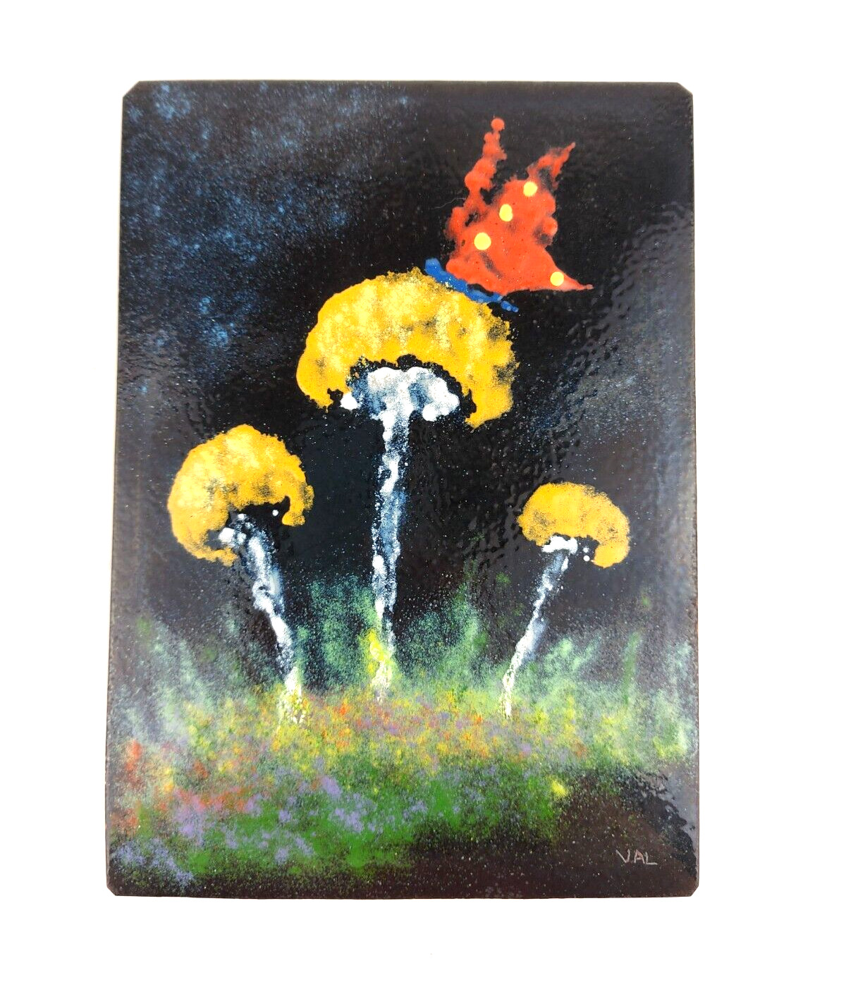 OOAK Signed Yellow Mushrooms Butterfly Painted Art on Metal Sheet 7\