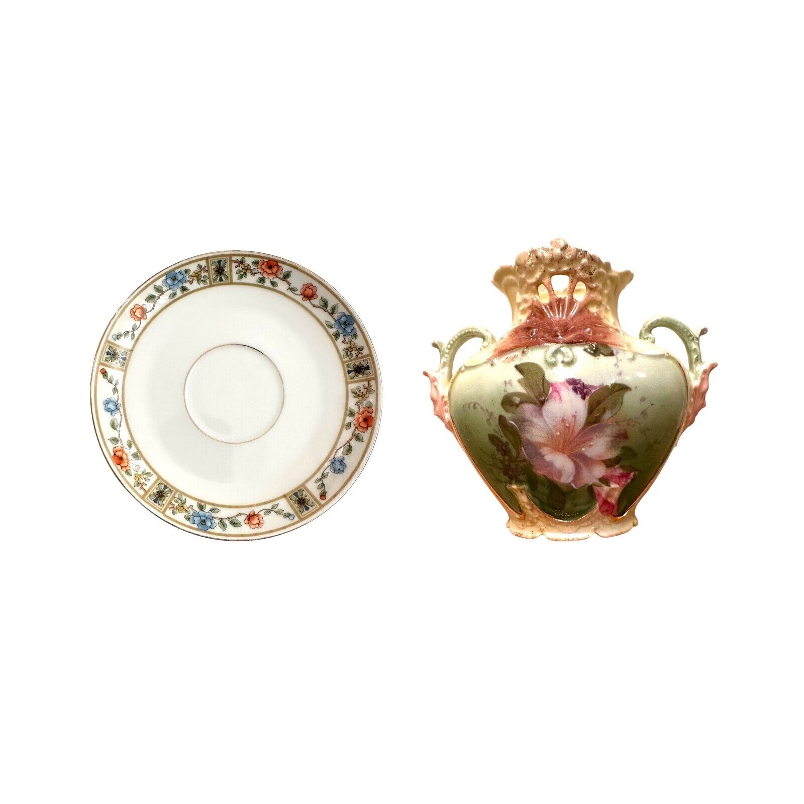 ANTQ Royal Bayreuth Porcelain 2 Handle Vase & Plate ROB12 Pattern Green Mark