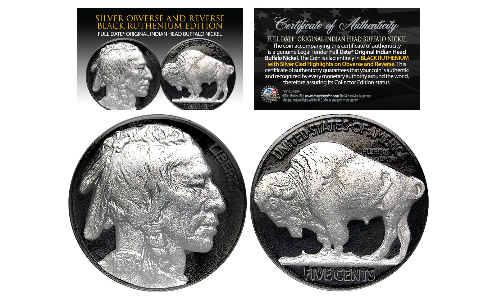 1930\'s BLACK RUTHENIUM Indian Head Buffalo Nickel *Full Dates w/ GENUINE SILVER