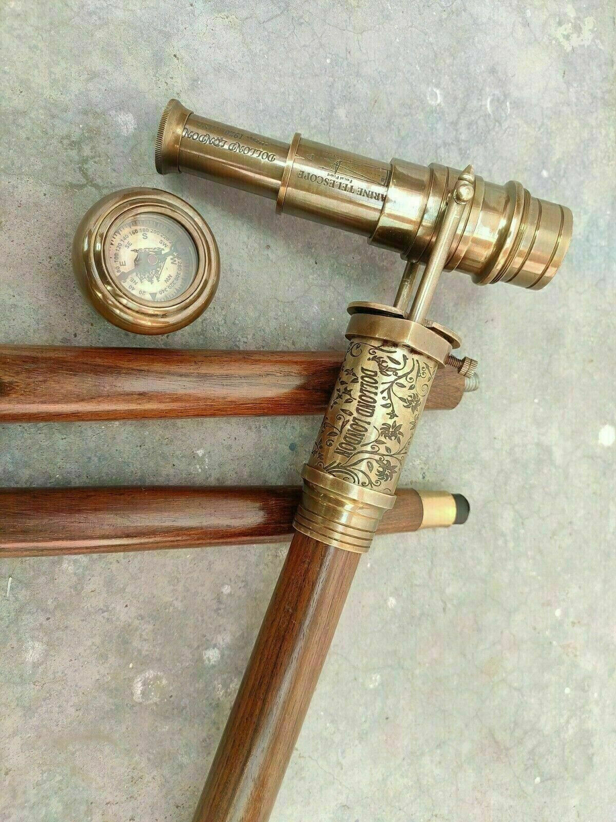Antique Solid Brass telescope Design Handle Wooden Walking Stick Cane gift Style