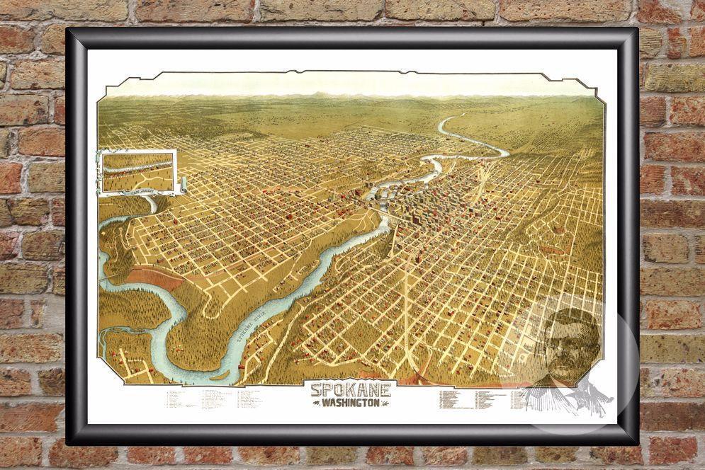 Vintage Spokane, WA Map 1905 - Historic Washington Art Old Victorian Industrial
