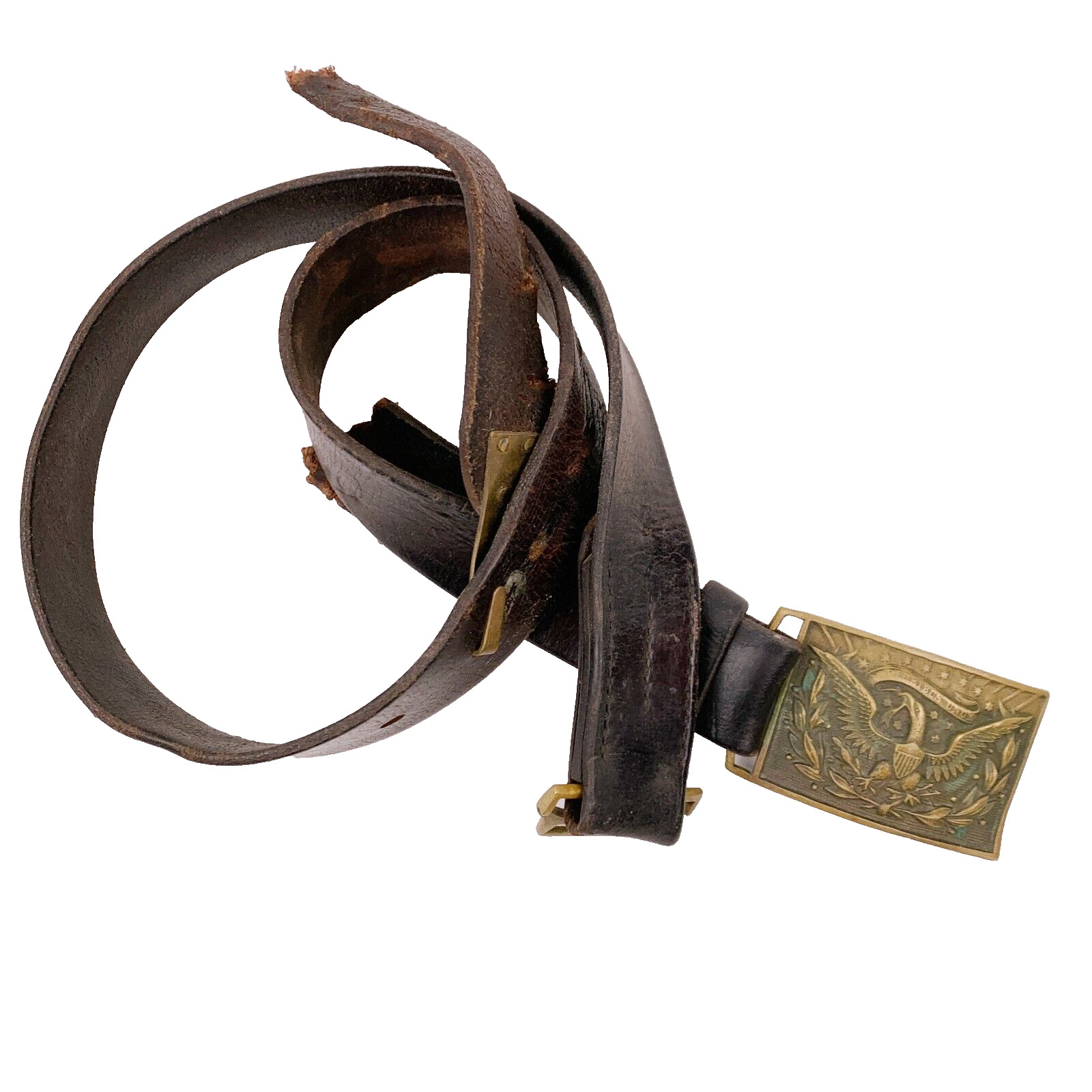 Vintage GW Grant E Pluribus Unum Brass Belt Buckle Damaged Leather Belt