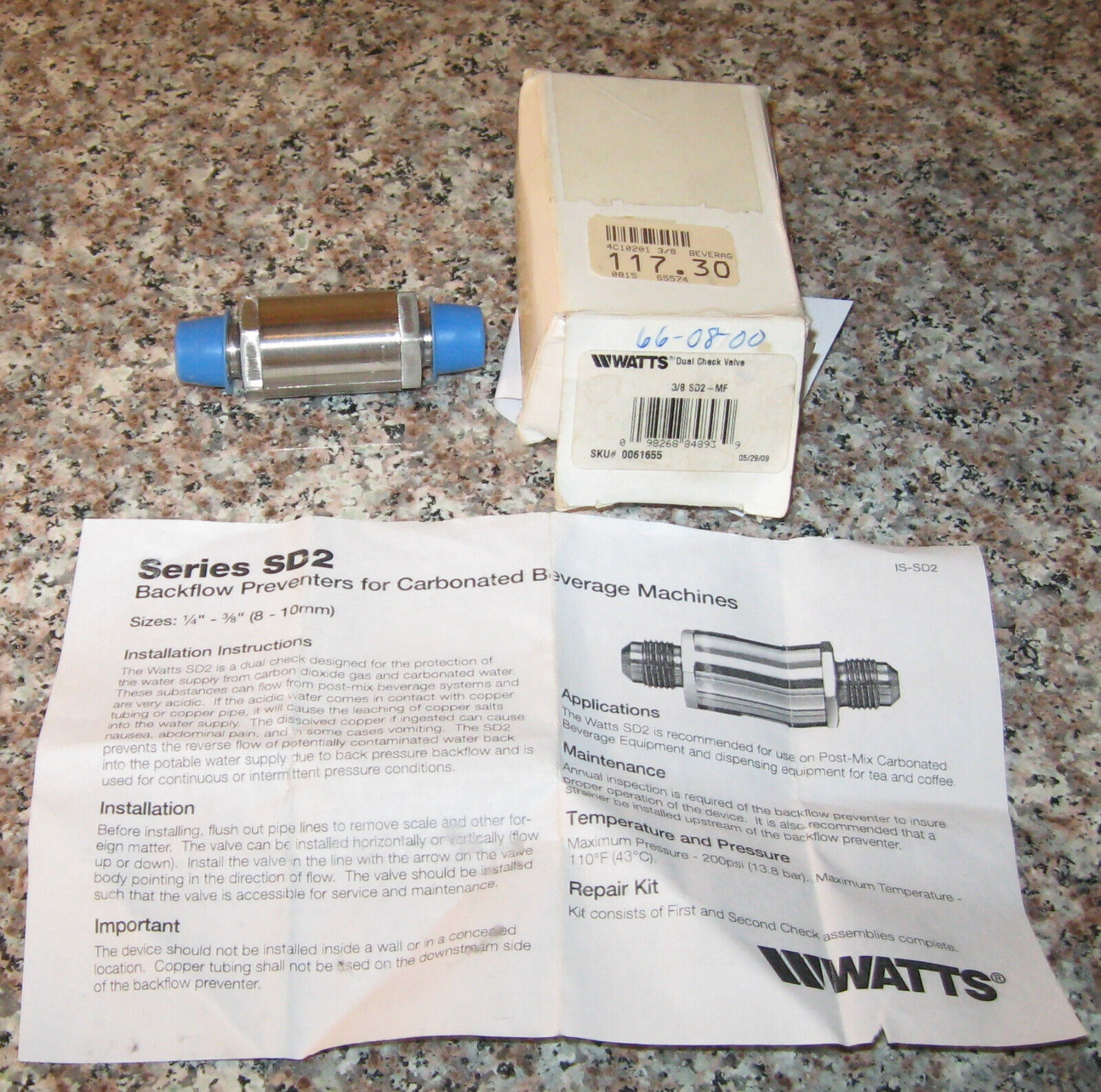 NOS Stainless Steel Watts Dual Check Carbonated Beverage Valve 3/8 SD2-MF  NiB