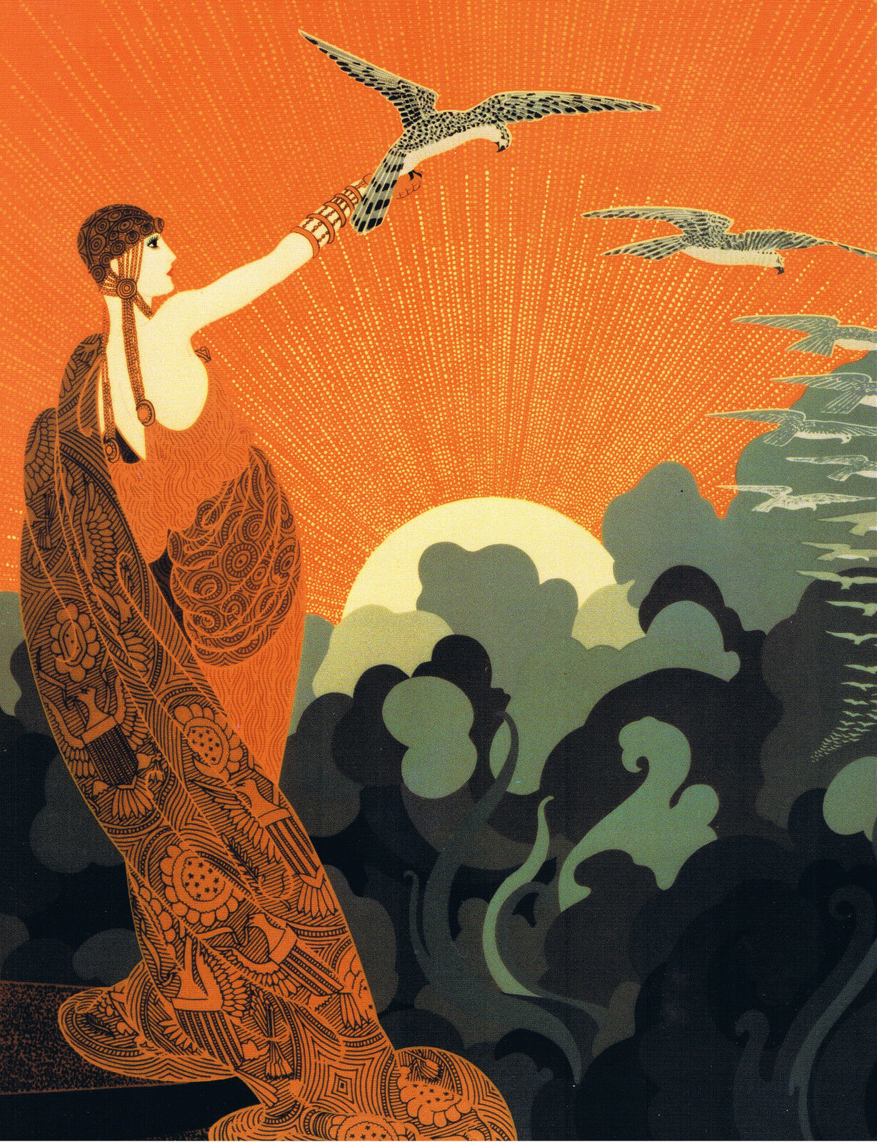 ART DECO LADY WITH FALCONS A 3 SIZE. Poster print.