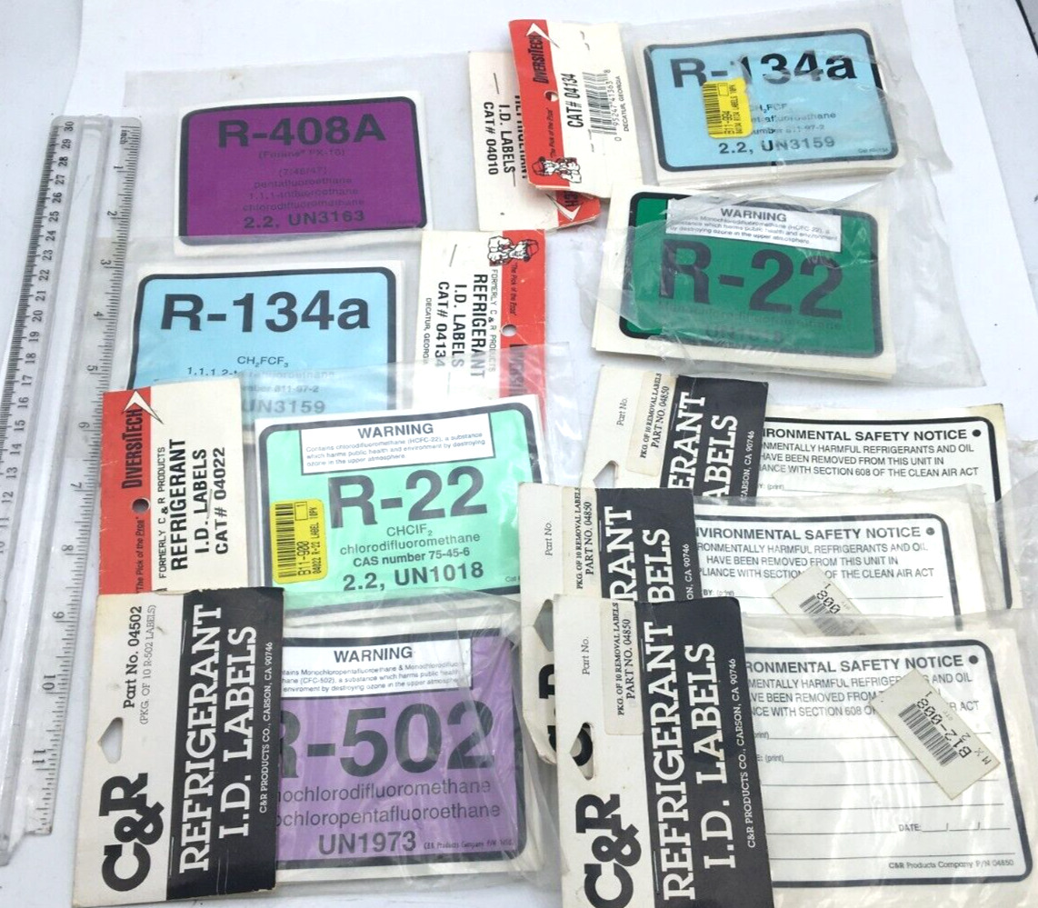 Lot of 70 + Refrigerant ID Labels R-502, R-22R-134a, R408a, Enviromental Safety