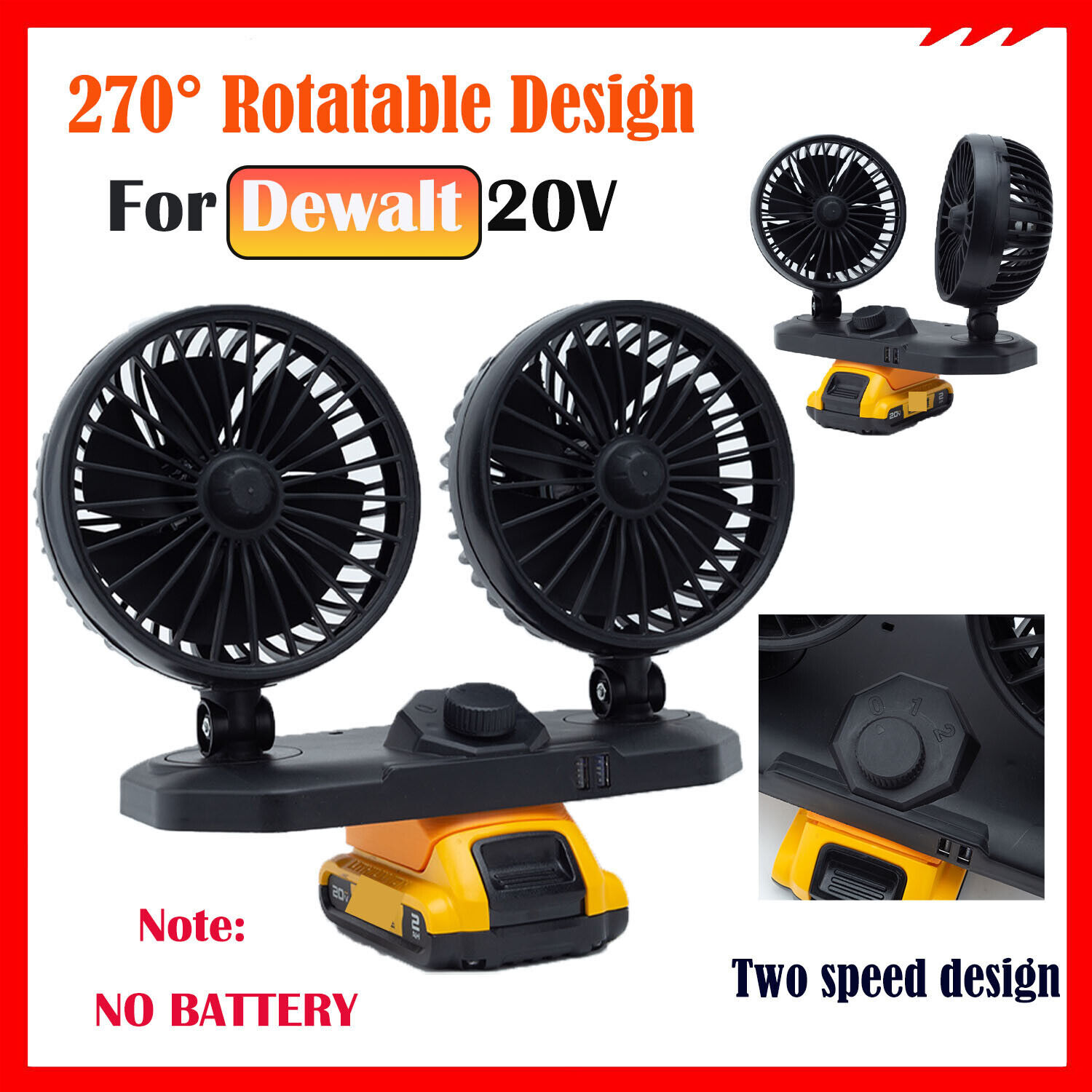 Dual Head Jobsite Fan For Dewalt 20V MAX Lithium Battery Cooling Fan w/dual USB