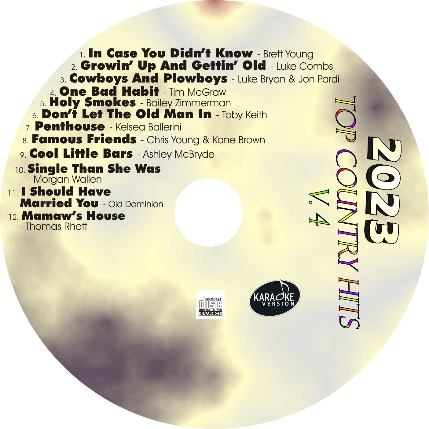 CUSTOM KARAOKE 2023 TOP COUNTRY v4 12 GREAT SONGS cdg CD+G TOBY RHETT & MORE
