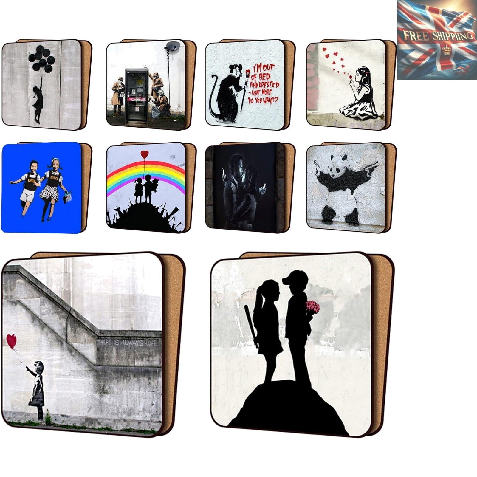 Mix1-10 Banksy Coasters - Balloon Girl Hope, GCHQ, Mobile Lovers & More - 11c...