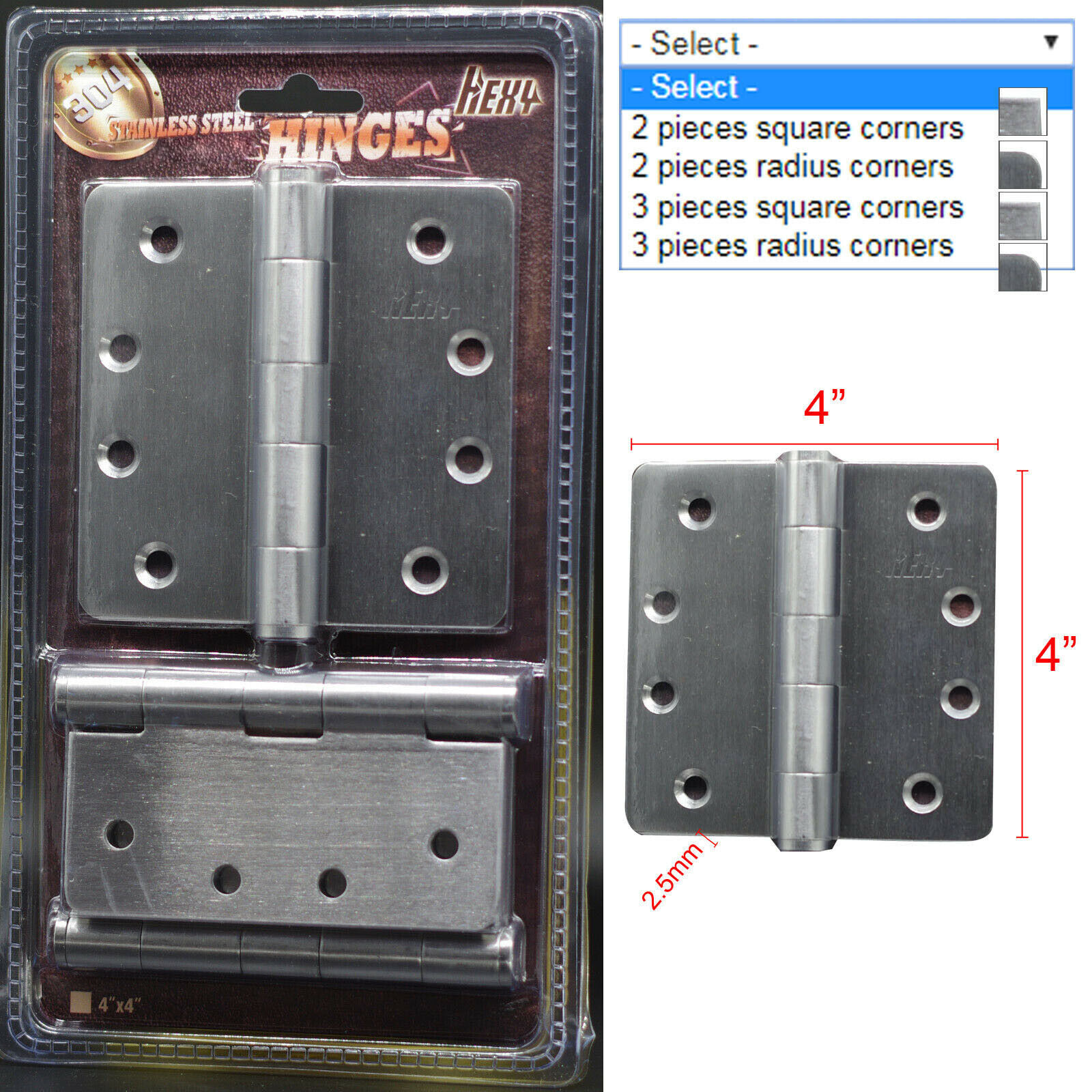 2 pieces 3 pieces 304 Stainless Steel Heavy Duty Door Hinges 4\
