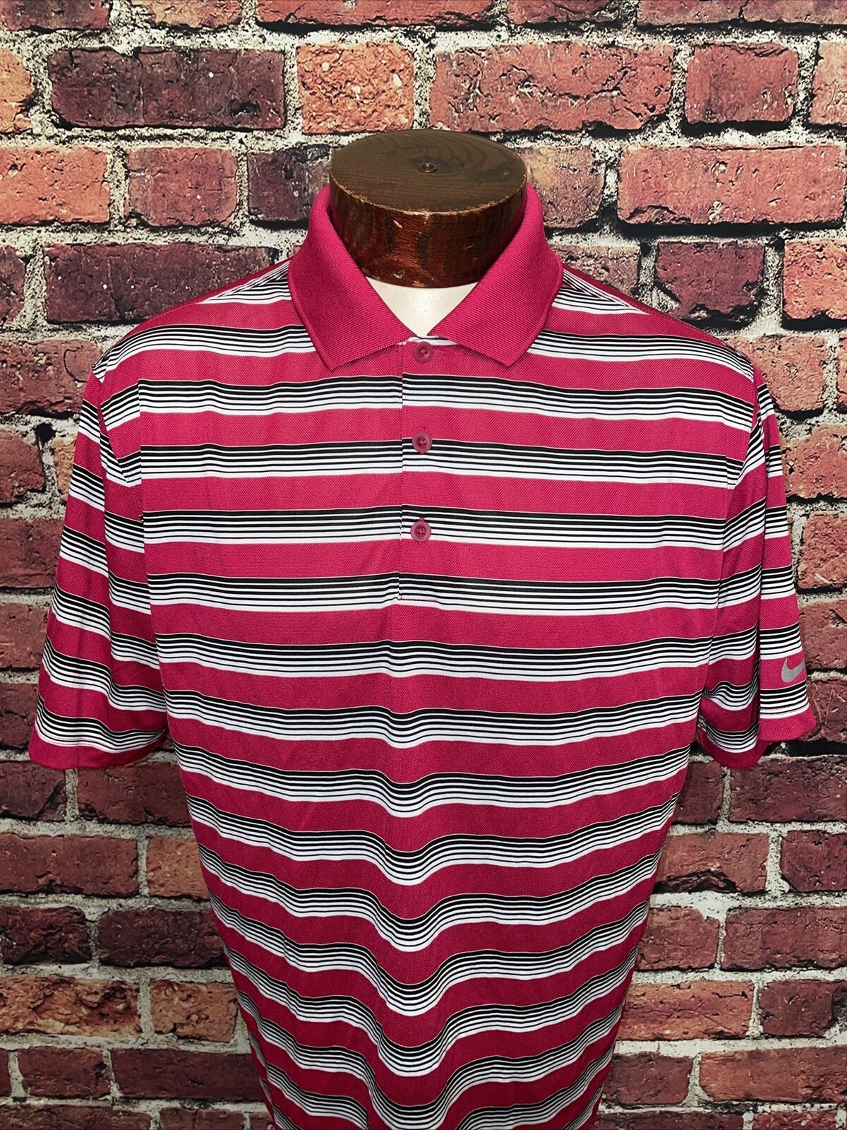 Nike Golf Mens Large Pink White Black Striped Short Sleeve Golf Polo Shirt 