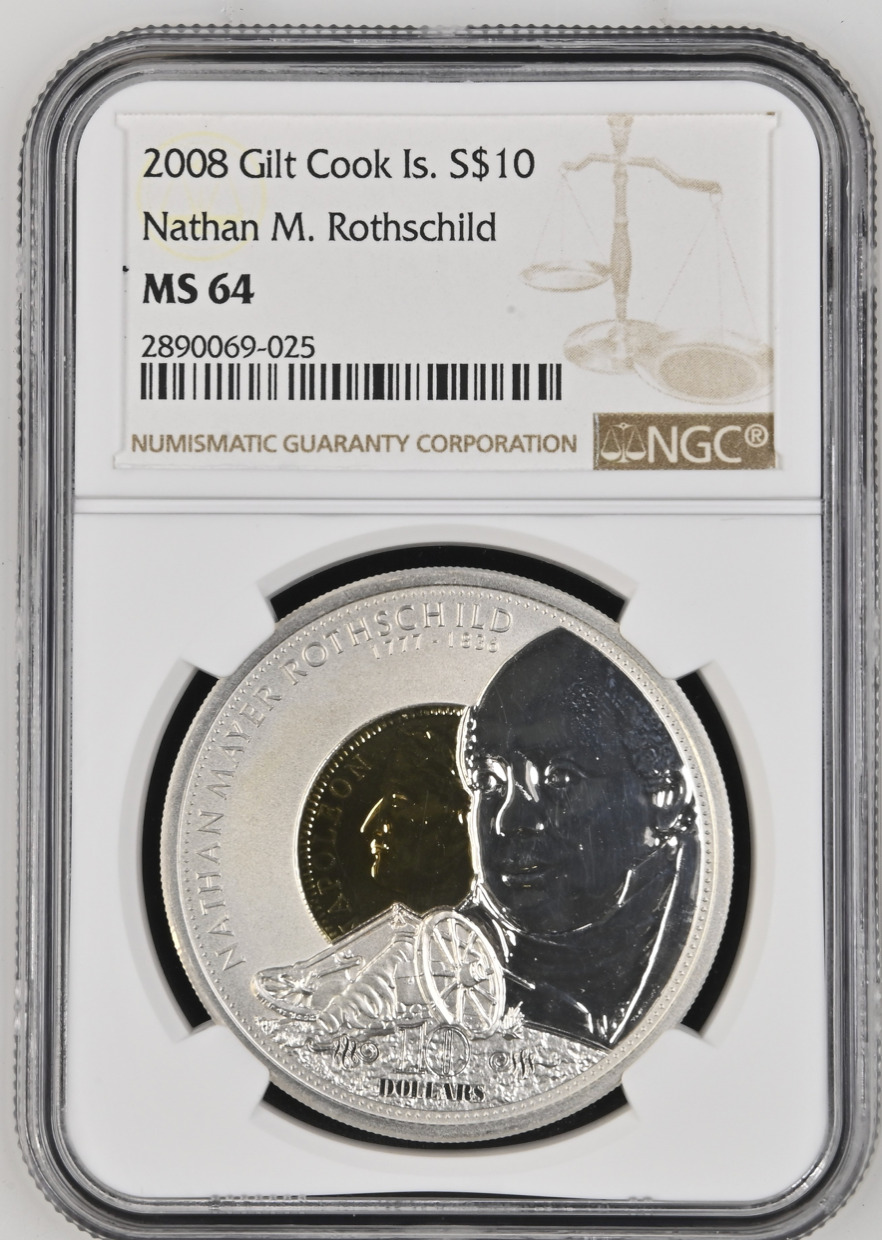 10 DOLLARS 2008 COOK ISLANDS NATHAN ROTHSCHILD SILVER UNC NGC MS64