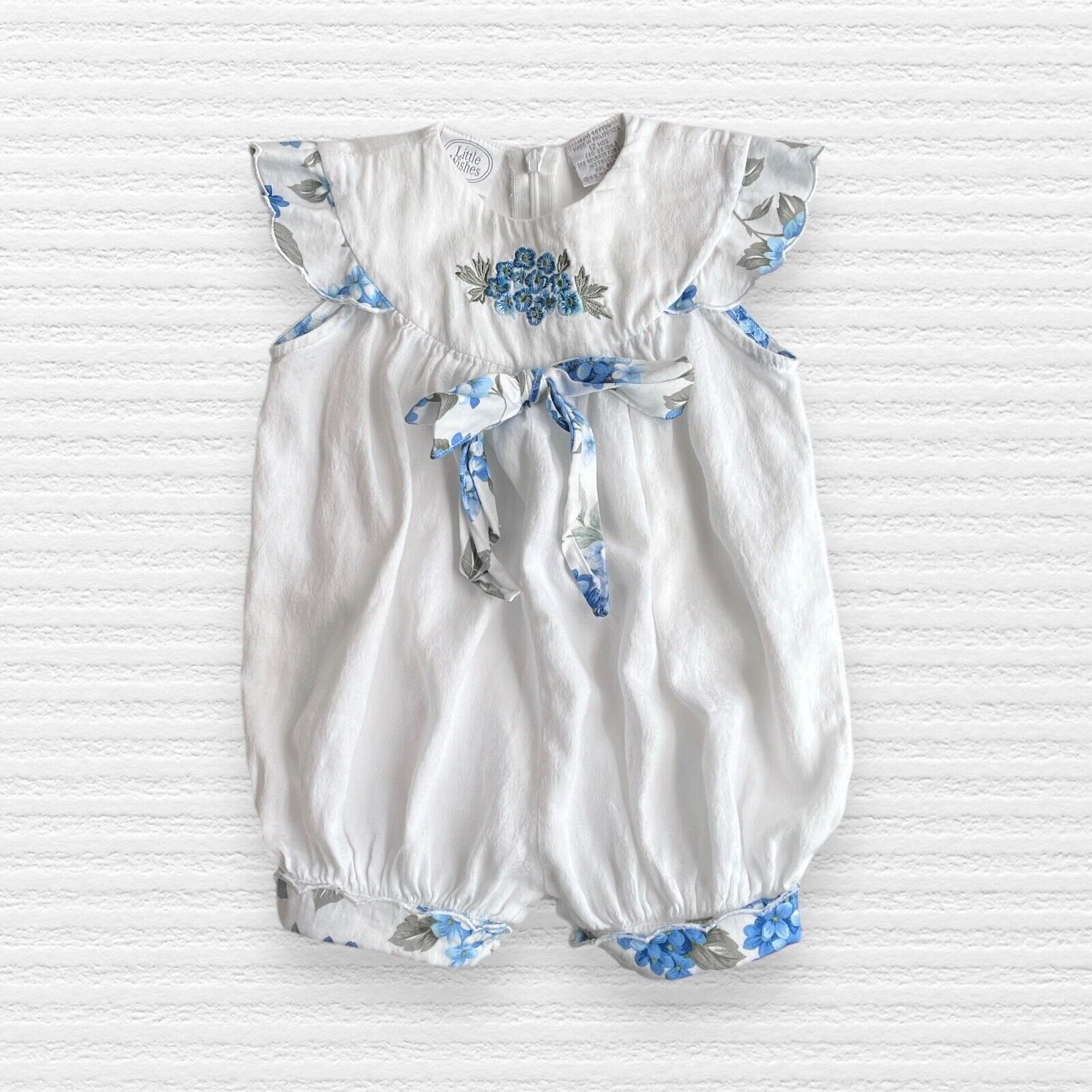 Vintage Macy\'s Little Wishes Baby Girls Bubble Romper White Blue Floral Sz 12M