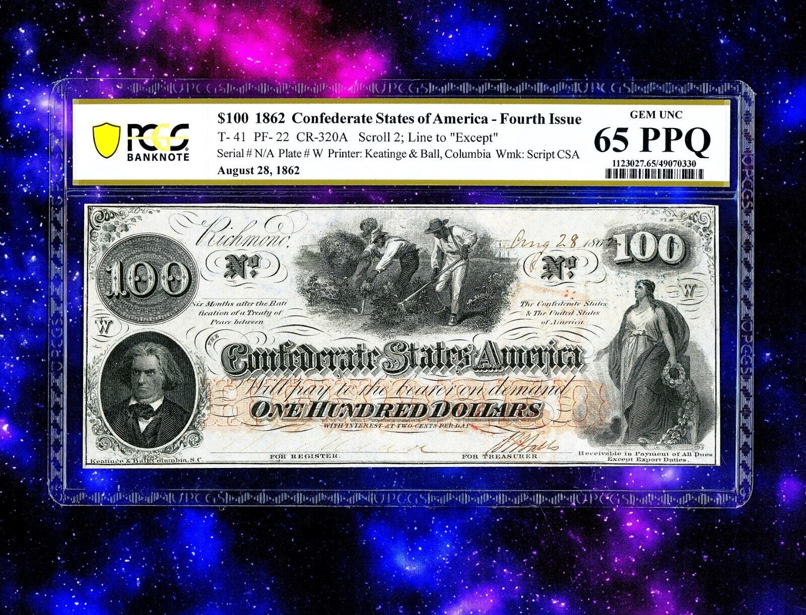 1862 $100 Confederate STATE T-41 PF-22 CSA Civil-War Note PCGS 65 PPQ HIGH GRADE