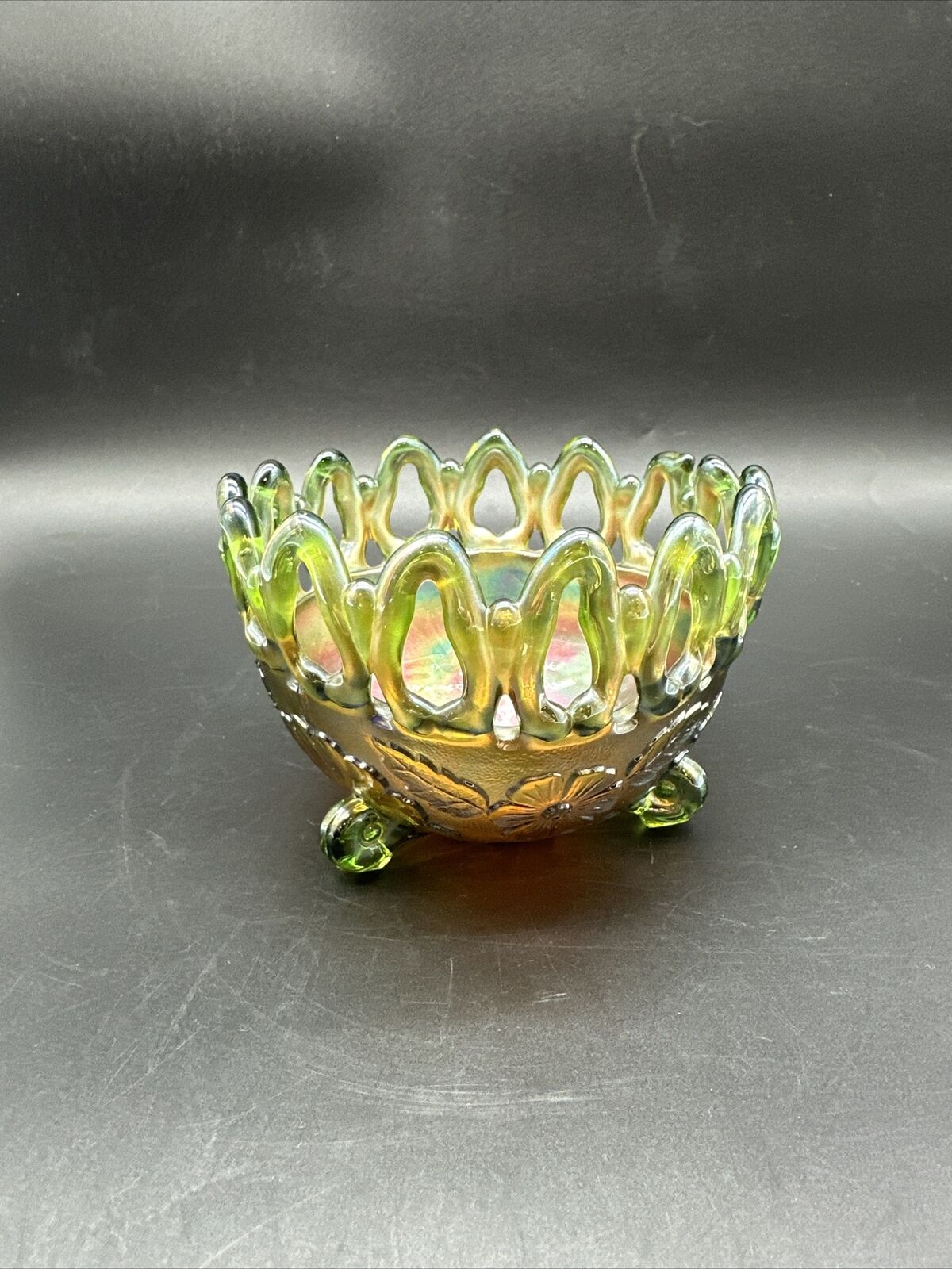 Northwood Green & Opalescent Carnival Glass 3 Footed Bowl Wild Rose 1930’s Gift