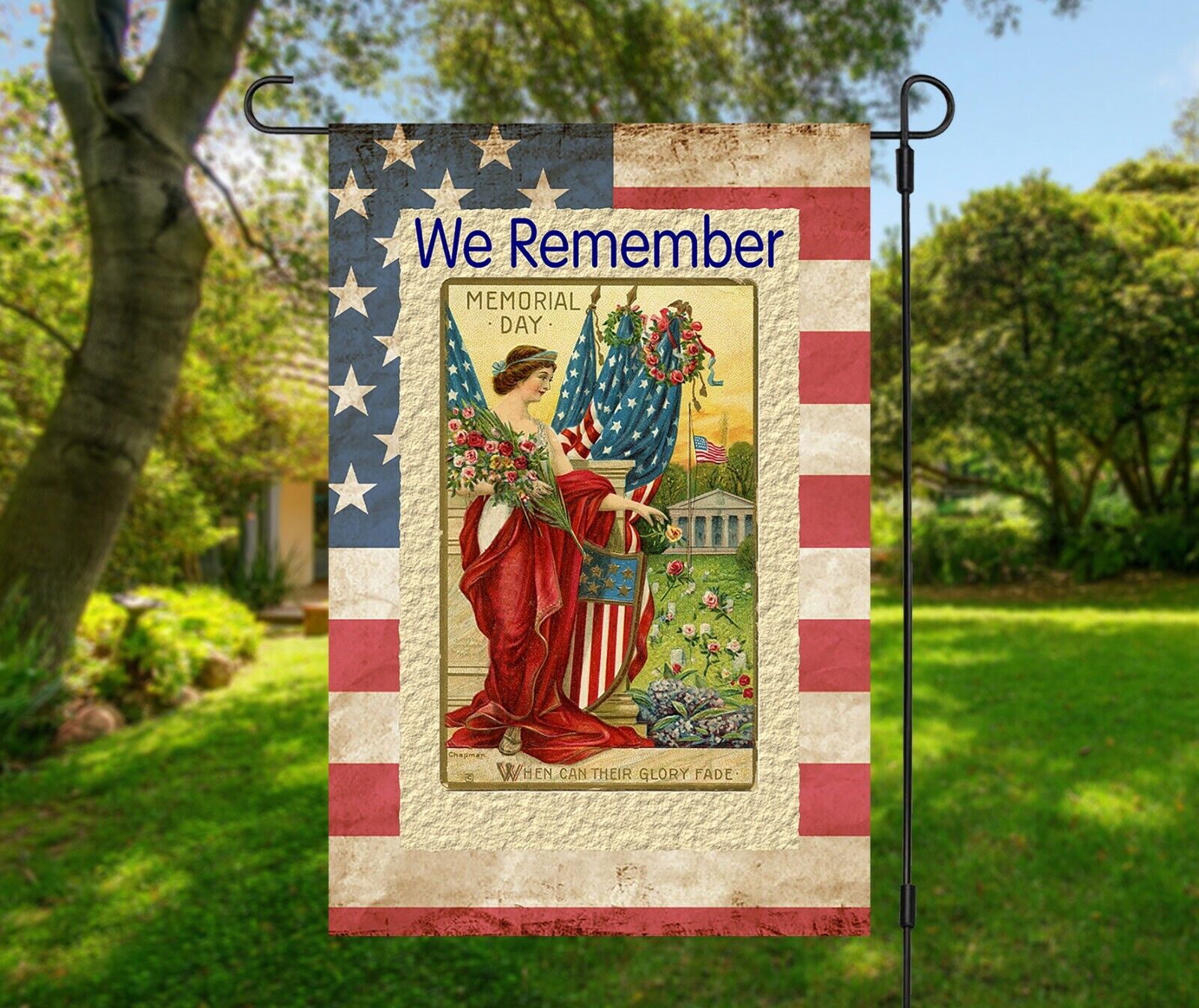 WE REMEMBER Vintage Memorial Day Postcard Double Sided Patriotic Garden Flag NEW