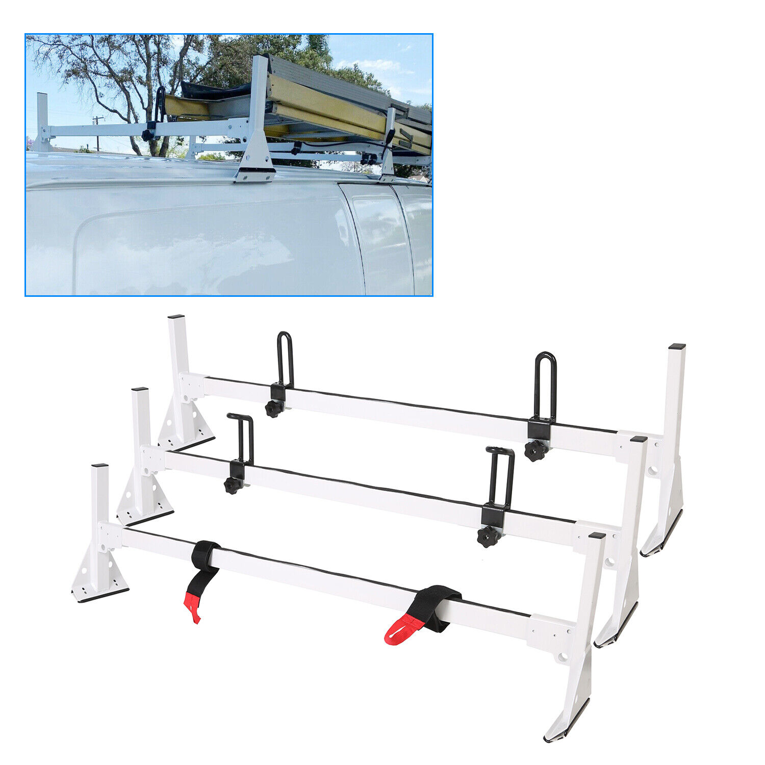 For Chevy Express 2500/3500 96-23 Steel White Cargo Van Ladder Roof Rack 3 bar