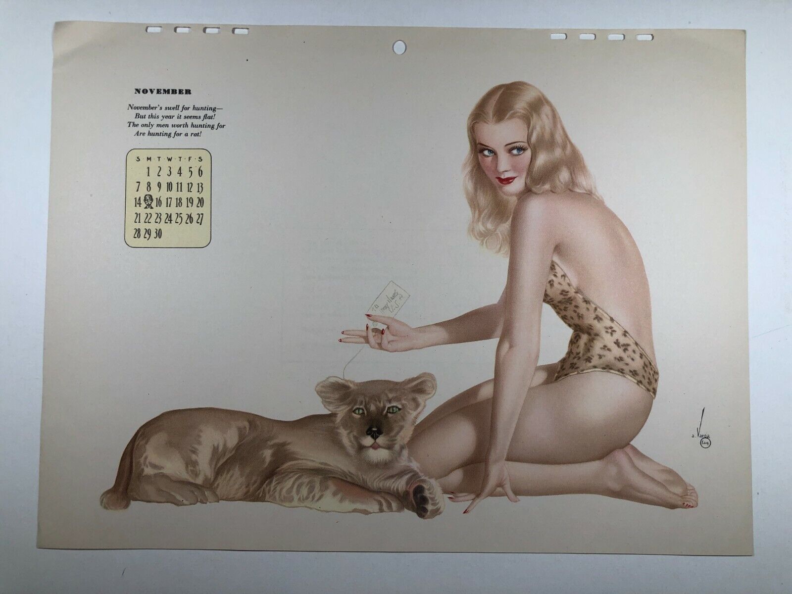 November 1943 Varga Pinup Girl Calendar Page Blond w/ Mountain Lion  F