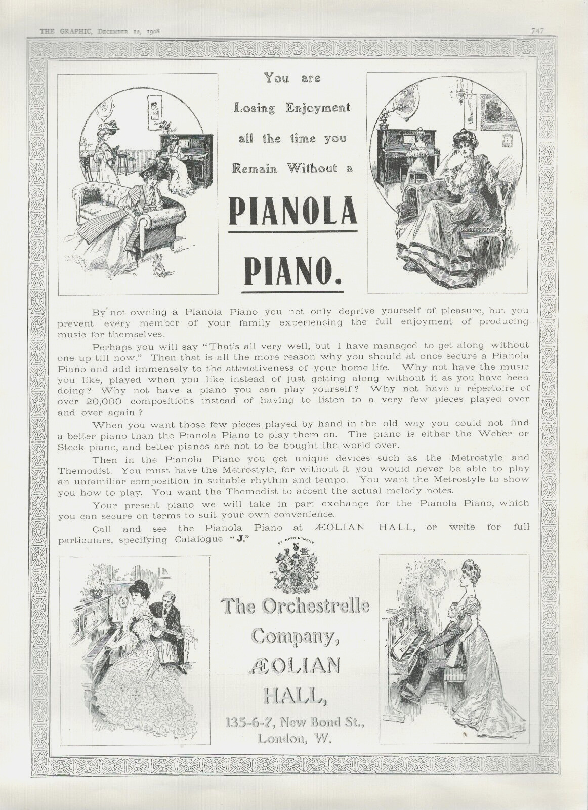 1908 PIANOLA PIANO antique PRINT AD Aeolian Hall London music entertainment