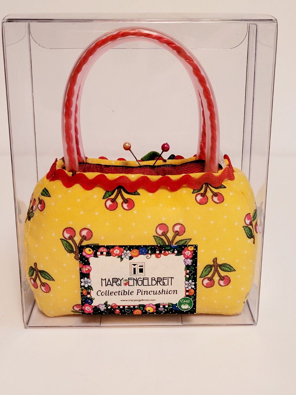 Vtg 2001 Mary Engelbreit Sewing Pincushion Purse Handbag Yellow Cherry Print NIP