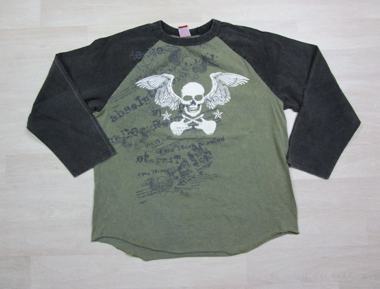 Vintage JNCO Denim Long Sleeve T Shirt (L) Y2K Winged Skull & Guitars Graphic