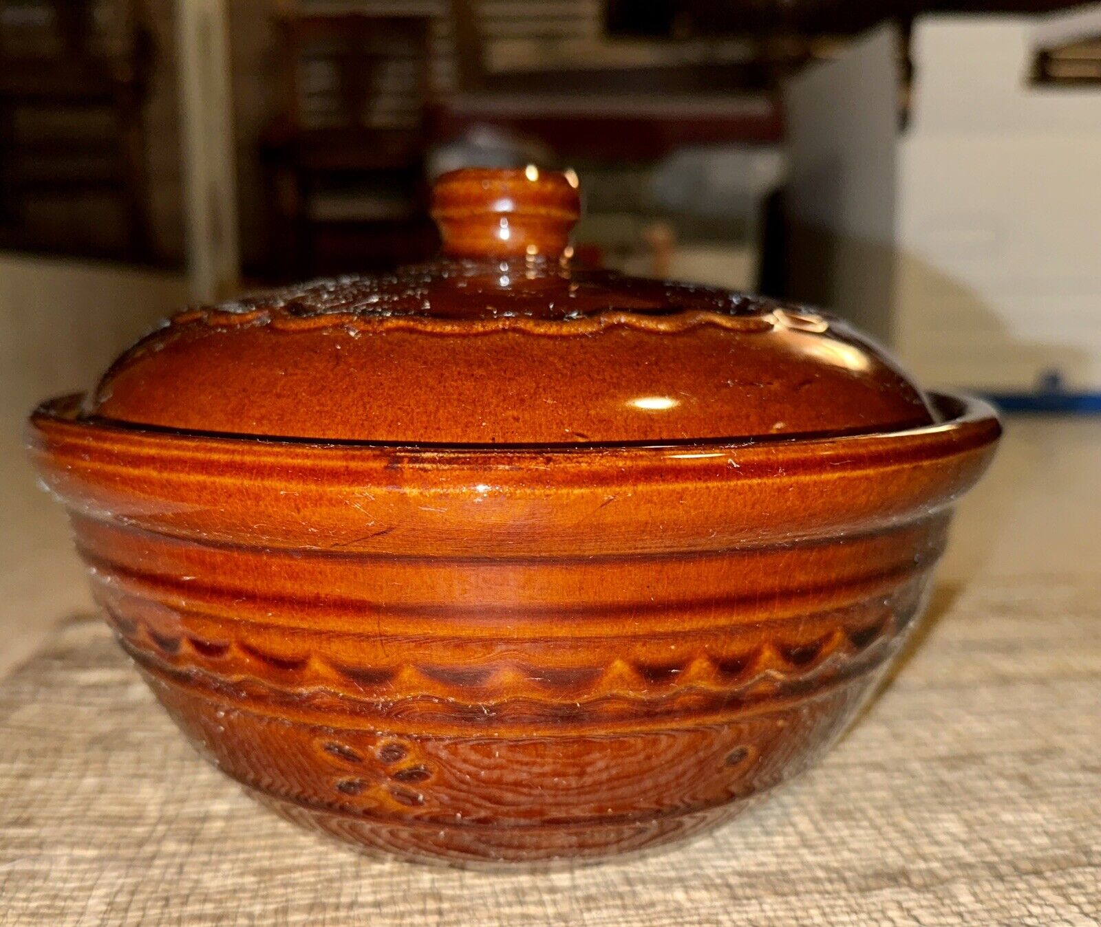 Vintage Marcrest Oven Proof Stoneware, Brown w/ Daisies Small Covered Bowl, Lid