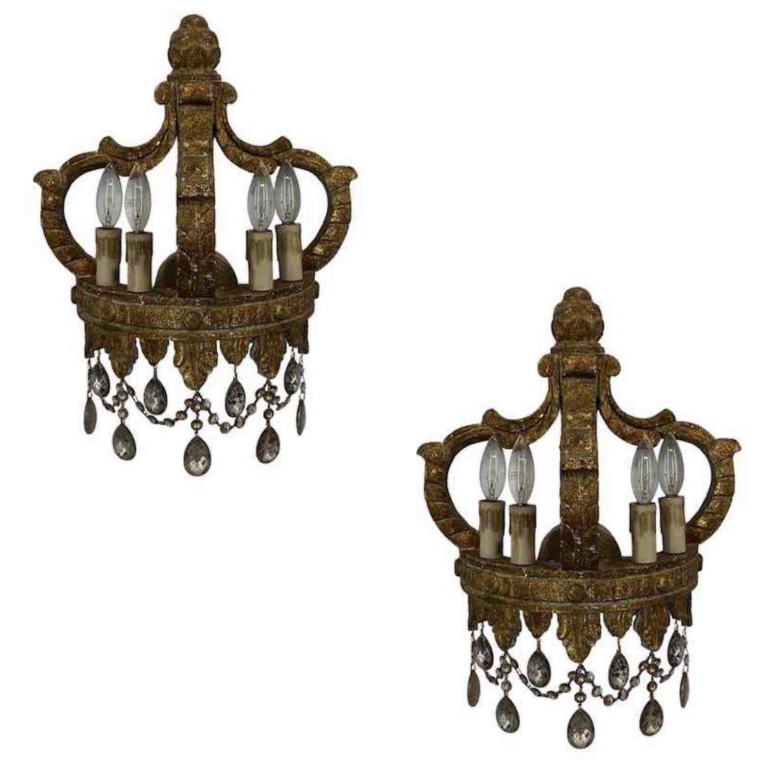 Pair of Gold Leaf Crown Wall Sconces with Mercury Crystals