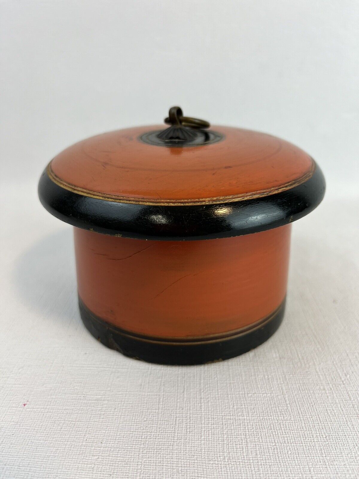 Antique BETEL Box, wood, ring handle, red, black & gold